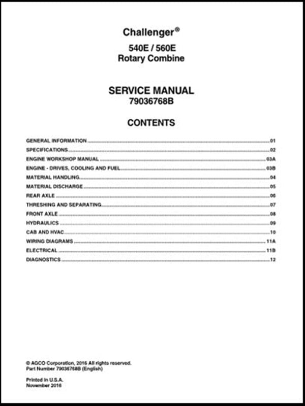 Manual de Serviço CHALLENGER - 540E-560E ROTATIVO COMBINE - Colhetadeira