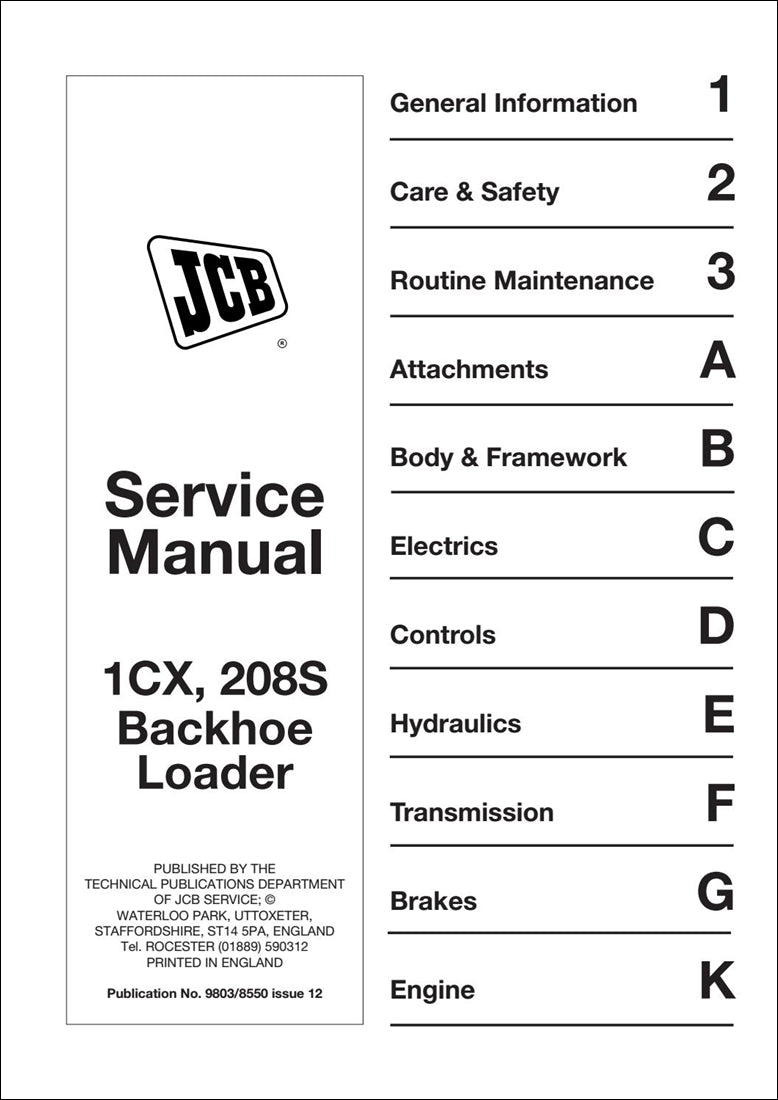Manual de serviço Retroescavadeira JCB 1CX, 208S