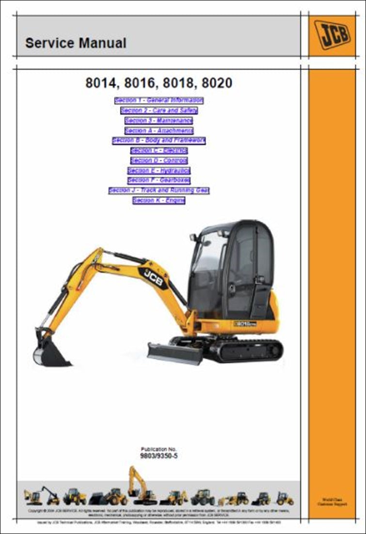 Manual de serviço da miniescavadeira JCB 8014, 8016, 8018, 8020
