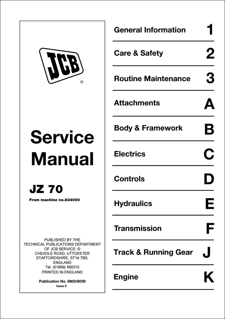 Rastreado Manual de serviço de escavadeira JCB JZ70