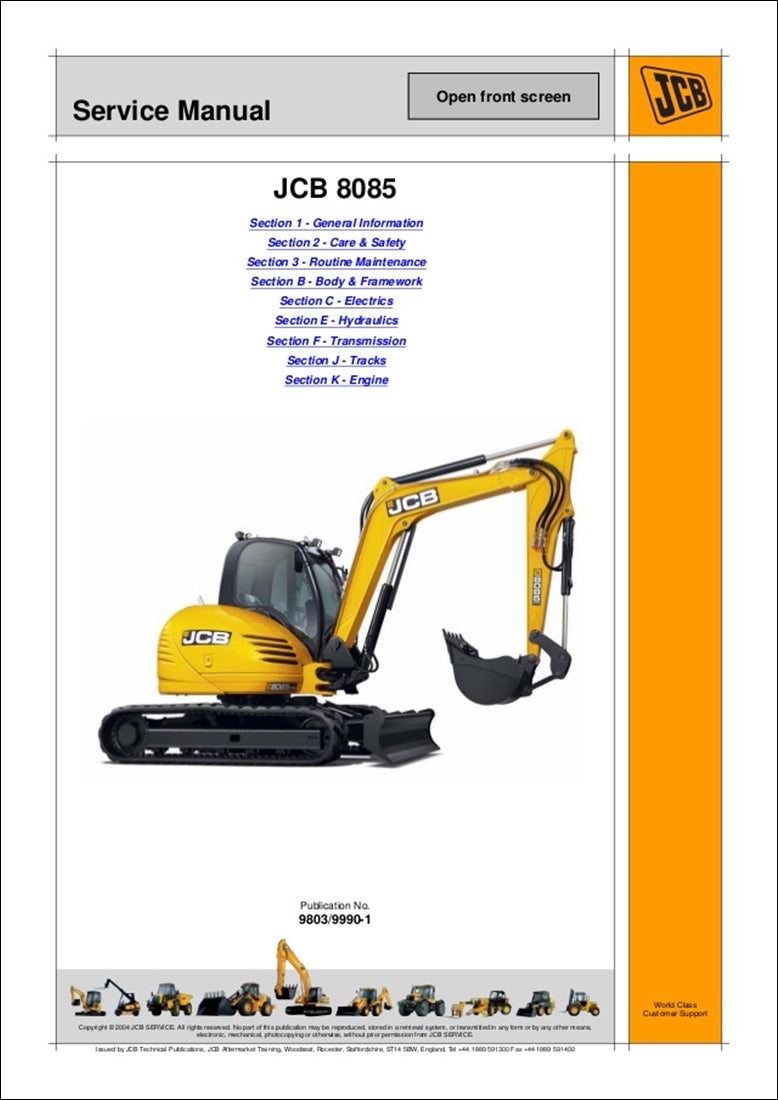 Manual de serviço de escavadeira JCB 8085 Midi