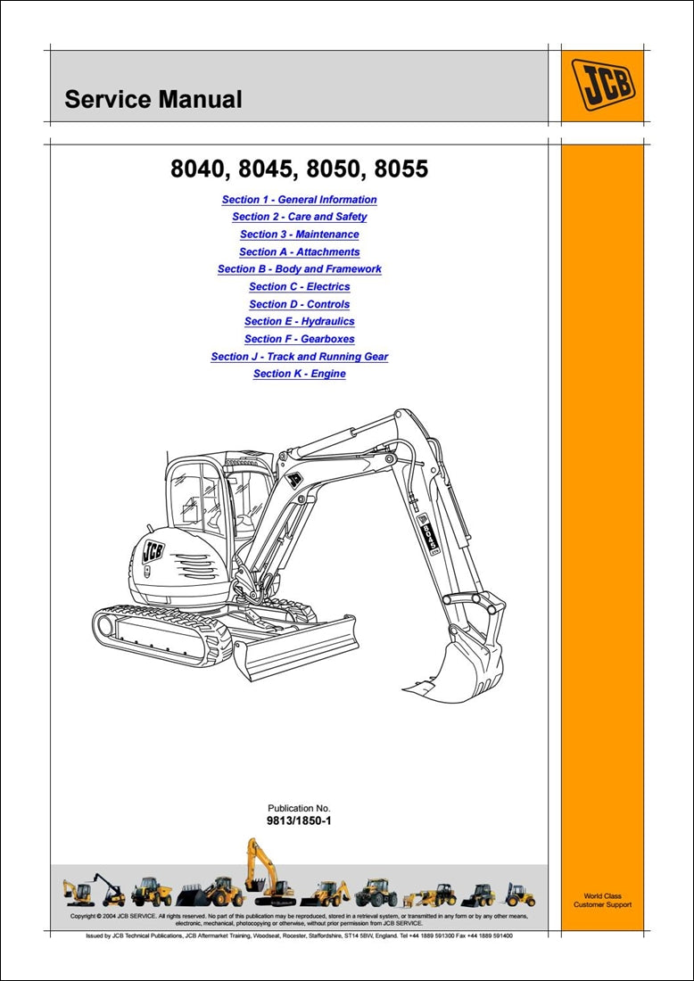 serviço da miniescavadeira JCB 8040ZTS, 8045ZTS, 8050ZTS, 8055ZTS