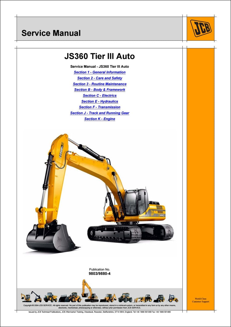 rastreamento automático Manual de serviço de escavadeira JCB JS360 Tier 3