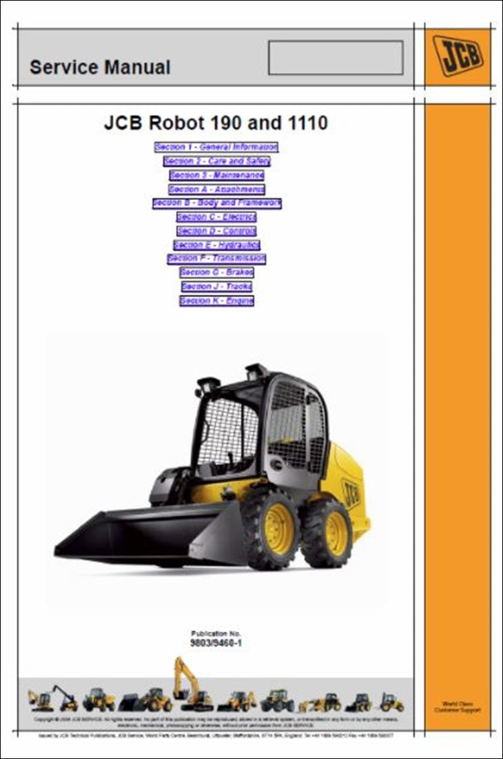 Manual de serviço da Minicarregadeira JCB 190, 190HF, 1110, 1110HF, 190T, 190THF, 1110T, 1110THF