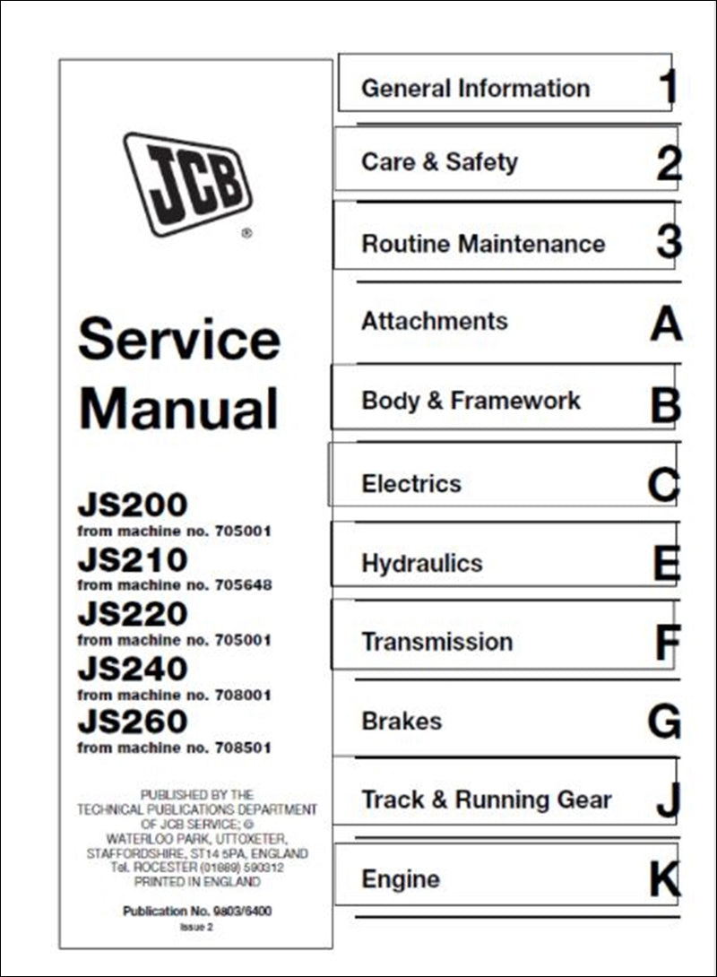 Rastreado Manual de serviço de escavadeira JCB JS200, JS210, JS220, JS220, JS240, JS260