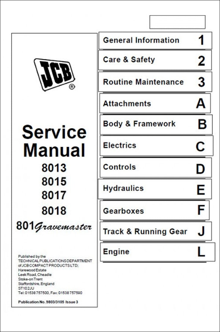 Manual de serviço da miniescavadeira JCB 8013, 8015, 8017, 8018