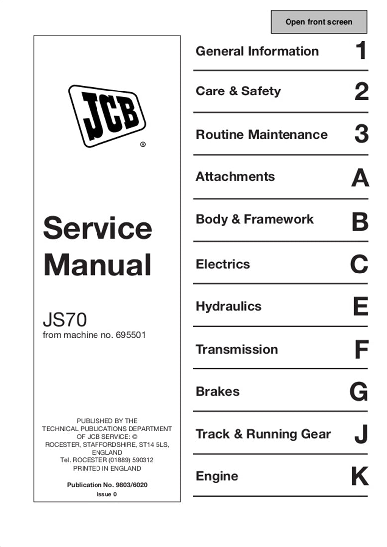 Rastreado Manual de serviço de escavadeira JCB JS70