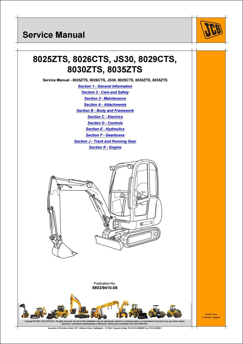 serviço da miniescavadeira JCB 8025ZTS, 8026CTS, JS30, 8029CTS