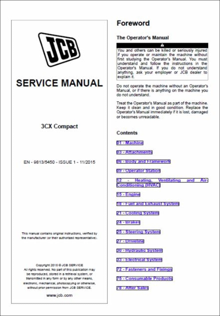 Manual de serviço da Retroescavadeira Compacto JCB 3CX