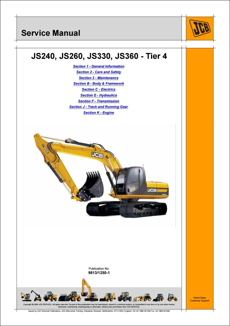 Rastreado Manual de serviço de escavadeira JCB JS240, JS260, JS330, JS360 Tier 4