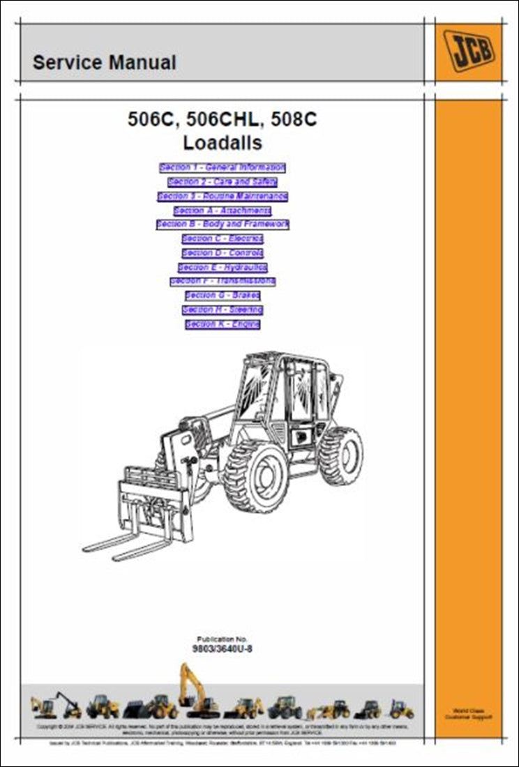 Telescópico Manual de serviço dos manipuladores JCB 506C, 506CHL, 508C Loadall