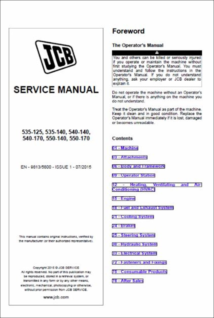 Manual de serviço JCB 535-125, 535-140, 540-140, 540-170, 550-140, 550-170 Loadall