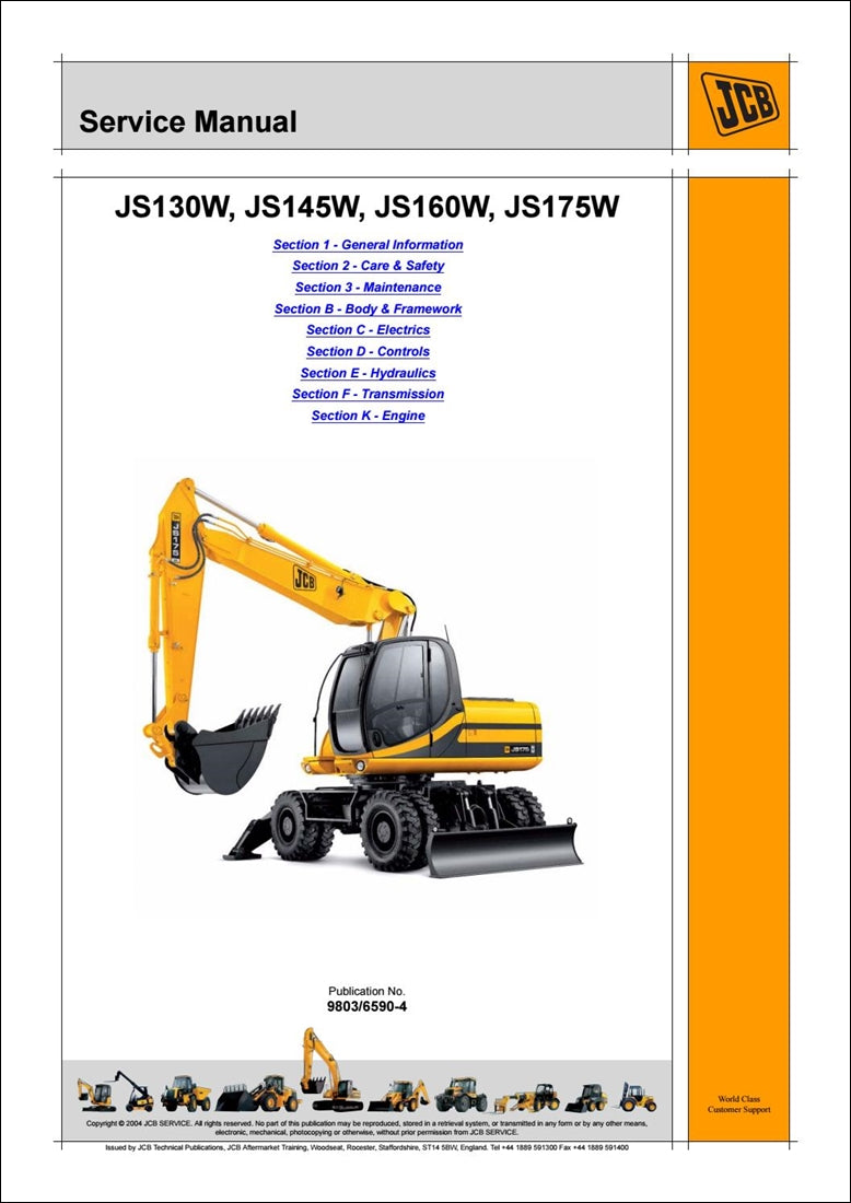 com rodas Manual de serviço de escavadeira JCB JS130W, JS145W, JS160W, JS175W