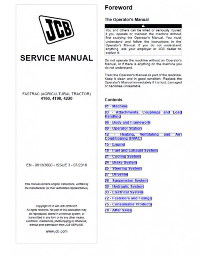 Manual de serviço JCB Fastrac 4160, 4190, 4220 Tier 4