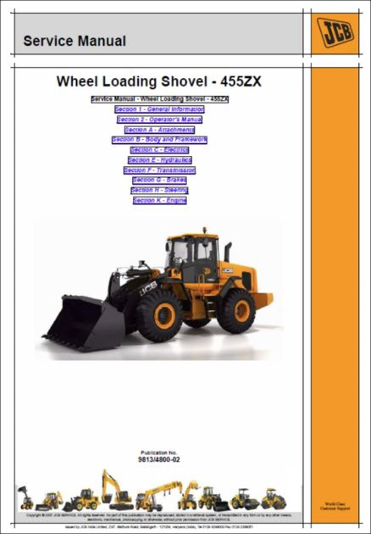 Manual de serviço da pá carregadora JCB 455ZX Carregador de Rodas